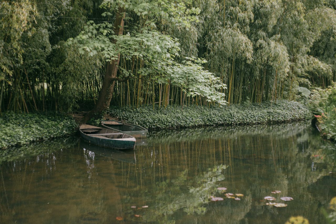 Home Serene view of small boats on a quiet pond surrounded by lush greenery in Giverny, France.